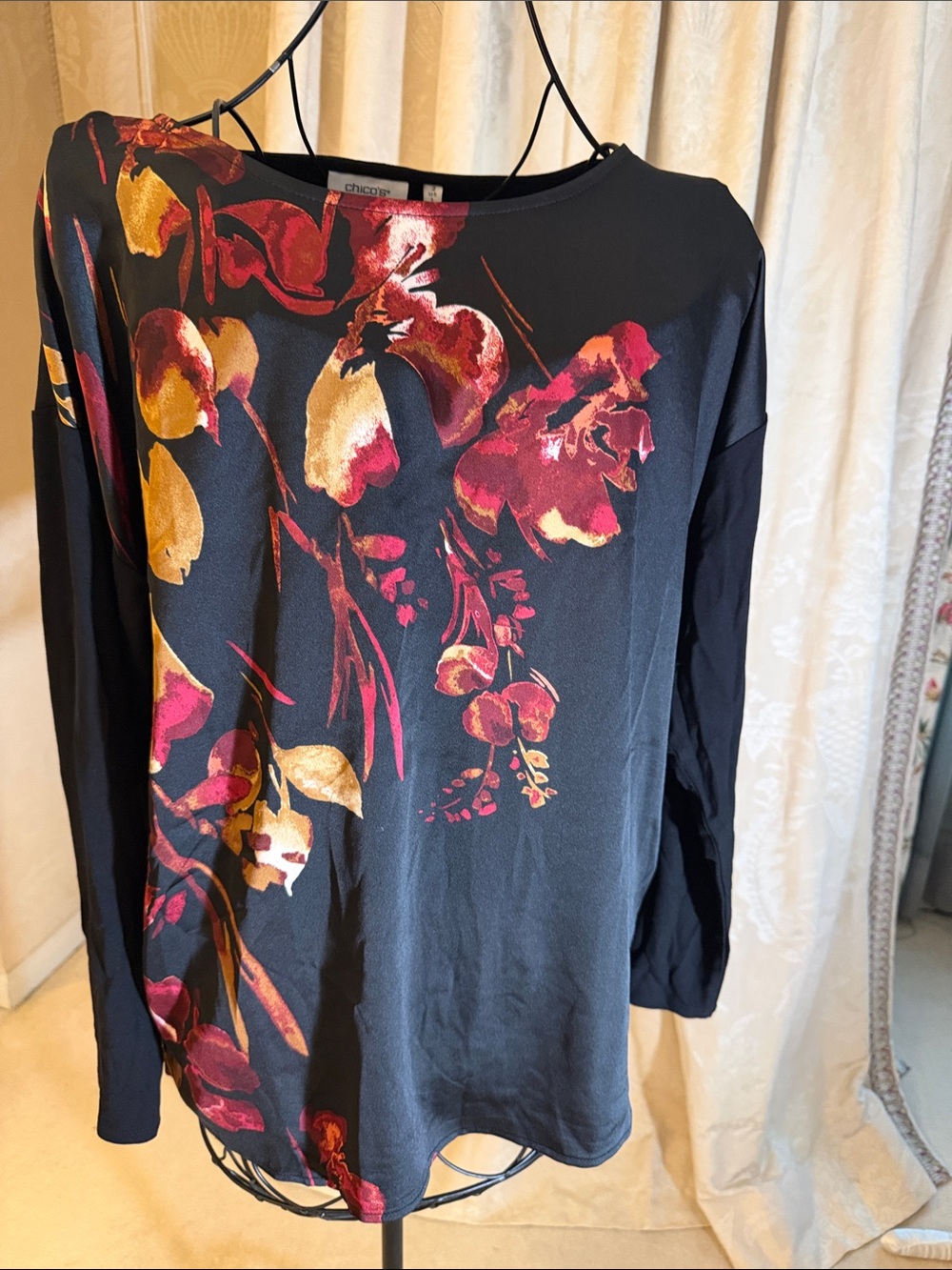 Chico's Black Floral Long-Sleeve Top with Pink and Gold Accents